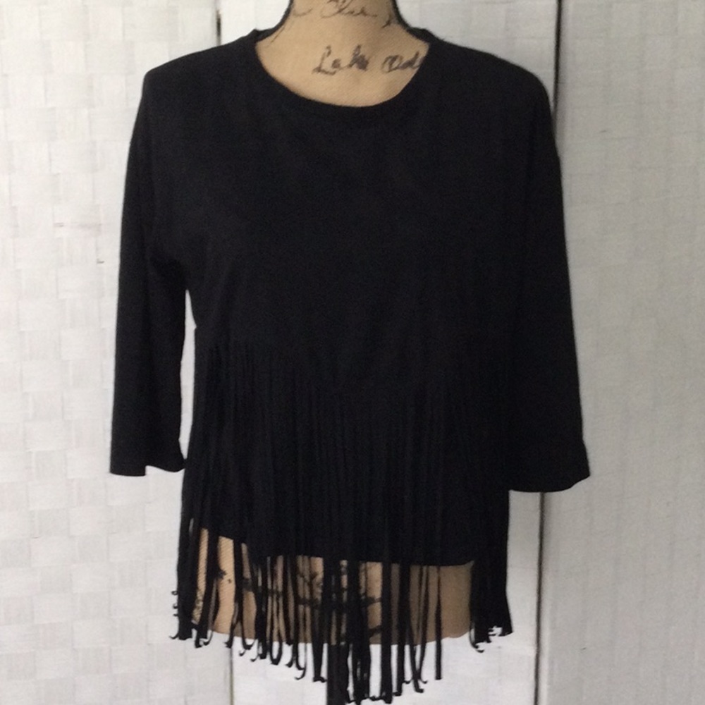 Bershka Woman’s Top Black with Fringe & Quarter Sleeves Size L. #263